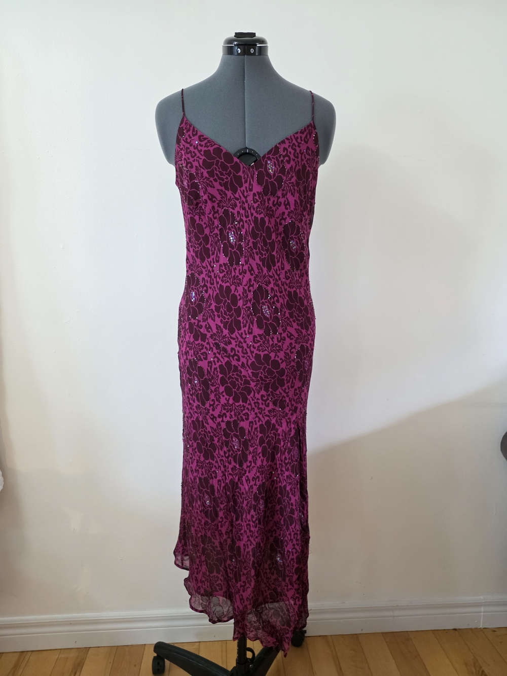 Vintage Y2K 90s Planet 100% Silk Beaded Asymmetrical Slip Dress Floral Devoré